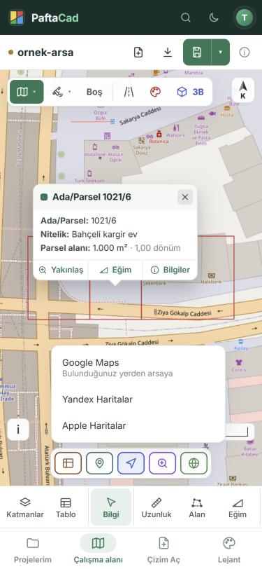 Parsel kartı açıkken yol tarifi menüsü: Google Maps, Yandex Haritalar, Apple Haritalar