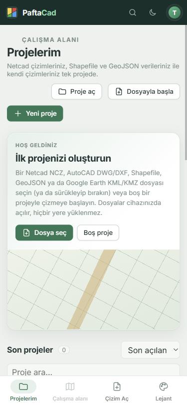 PaftaCad Projelerim ekranında Dosya seç düğmesi
